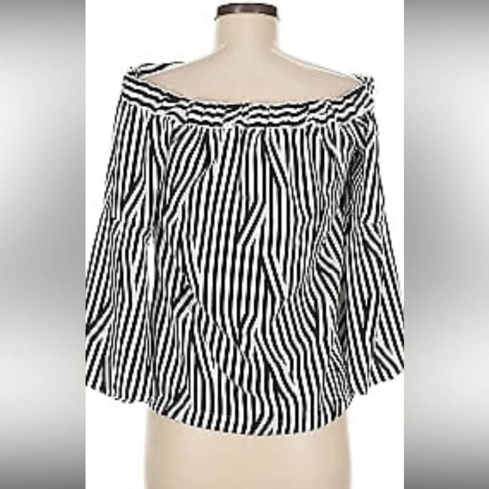 Navy Blue and White Striped Off-Shoulder Top